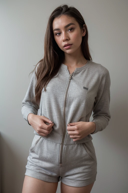 ((best quality)), ((masterpiece)), (detailed), perfect face realistic photo of beautiful woman with long dark brown hair, Russian, influencer, light freckles, dark brown eyes, big lips, no makeup, instagram, next to black wall, wearing a shirt and shorts, inspired by Esaias Boursse, instagram, dau-al-set, grey sweater, prison jumpsuit, hourglass figure, keyhole, zippers, 💣 💥, female outfit, tracksuit, opened dress, front shot, cozy vibe, normal clothes, middle close up shot, close angle