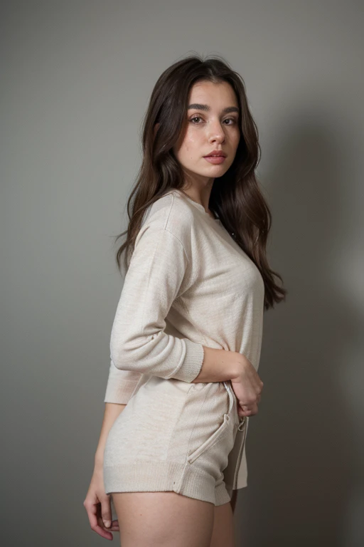 ((best quality)), ((masterpiece)), (detailed), perfect face realistic photo of beautiful woman with long dark brown hair, Russian, influencer, light freckles, dark brown eyes, big lips, no makeup, instagram, next to black wall, wearing a shirt and shorts, inspired by Esaias Boursse, instagram, dau-al-set, grey sweater, prison jumpsuit, hourglass figure, keyhole, zippers, 💣 💥, female outfit, tracksuit, opened dress, front shot, cozy vibe, normal clothes, middle close up shot, close angle