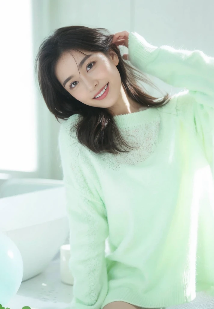 (On a table, Best quality at best, realistically, ultra - detailed, meticuloso, A high resolution, 8k wallpaper), Close-up portrait of a beautiful woman, Chariada, Smiling, light brown messy hair, Perfect dynamic composition, 美丽meticuloso的眼睛, Just like the cover of a fashion magazine, On campus