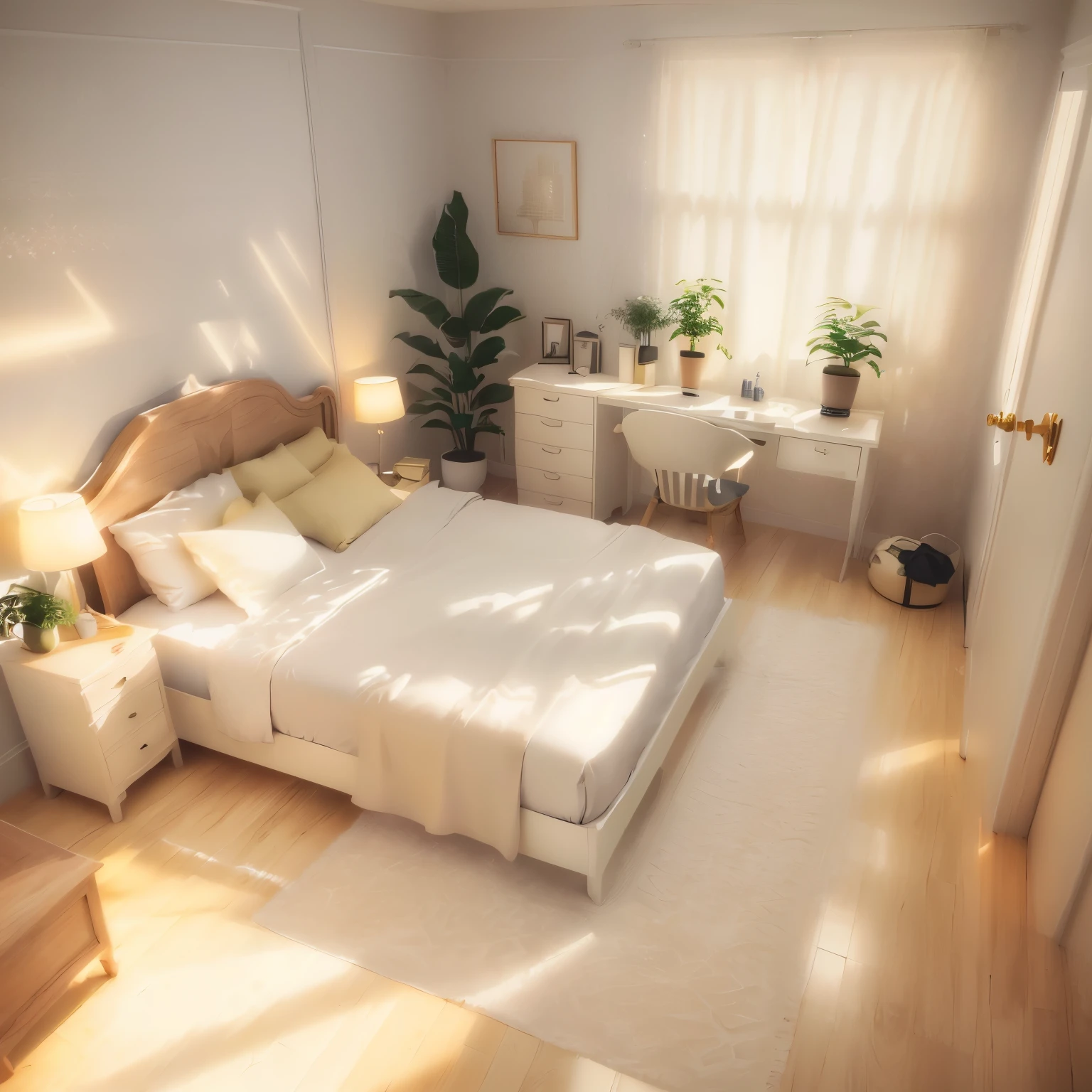 Equidistant rooms,Plain white background, Best quality, ((low polygon)),(Extremely detailed Cg Unity 8K wallpaper), (Best quality), (Best Illustration), (Best shadow),((Bedroom)), Cream style,Pastel tones, Light curtains, carpets,wardrobe,Cotton and linen sheets, Wooden furniture, Soft light, a plant, picure, vases,rendering by octane,Ray tracing,Ultra detailed