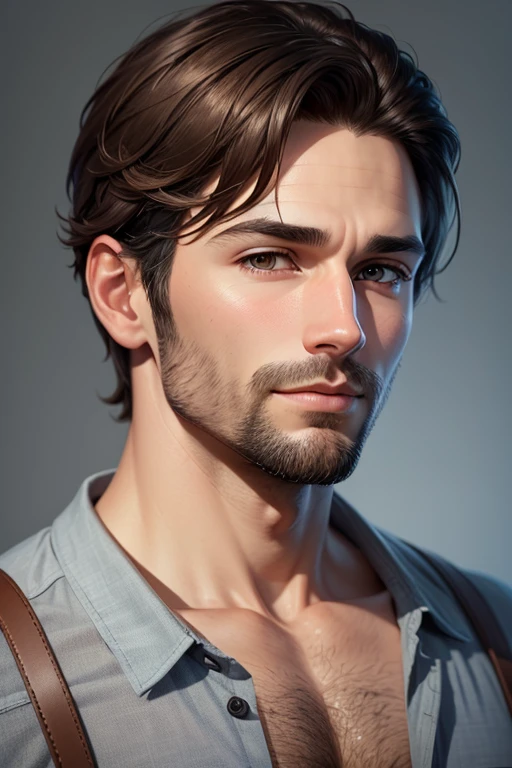 Make a highly detailed and creative digital avatar character of me. It is a portrait from chest up of a man around 30 years old. He has short brown hair, brown eyes, light skin, and a slight beard. He is wearing a blue button down shirt. The background is a solid light gray. The image is well lit, highly detailed, and photorealistic in SeaArt Ai art style.