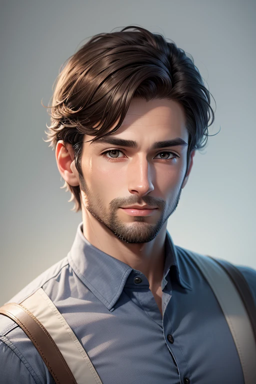 Make a highly detailed and creative digital avatar character of me. It is a portrait from chest up of a man around 30 years old. He has short brown hair, brown eyes, light skin, and a slight beard. He is wearing a blue button down shirt. The background is a solid light gray. The image is well lit, highly detailed, and photorealistic in SeaArt Ai art style.