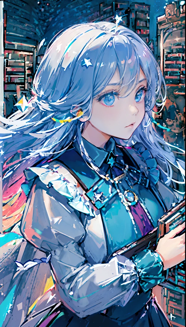(Highest image quality),(words decorate d), (((1 girl)))Alone,long white the hair,eBlue eyes, (No smile),Best quality at best,finely detailled,tmasterpiece, (magic book:1.4),(ultra - detailed),(Detailed eyes description:1.2),(floating Colorful wind:1.4),(Tarot border:1.4),(close up:1.2),(Look to the side:1.3),(chaotic geometric images:1.3),(negative space:0.8),(Board:1.3),(Huge crystal ball and stars behind :1.5),(ether Colorful ink flowing:1.3),((Library bookshelf background:1.8)),bigtopsleeves)), the hair_decorations,blueribbon, neck bowtie, button, (((middlebreast))),(White pleated skirt:1.2), ((Focus sharp)), ((tmasterpiece)), (((Best quality at best))), ((extremely detaile)), Colorful, HighDynamicRange, white the hair,((magestic)),(The upper part of the body:1.5),(Face the audience with a straight face:1.5)