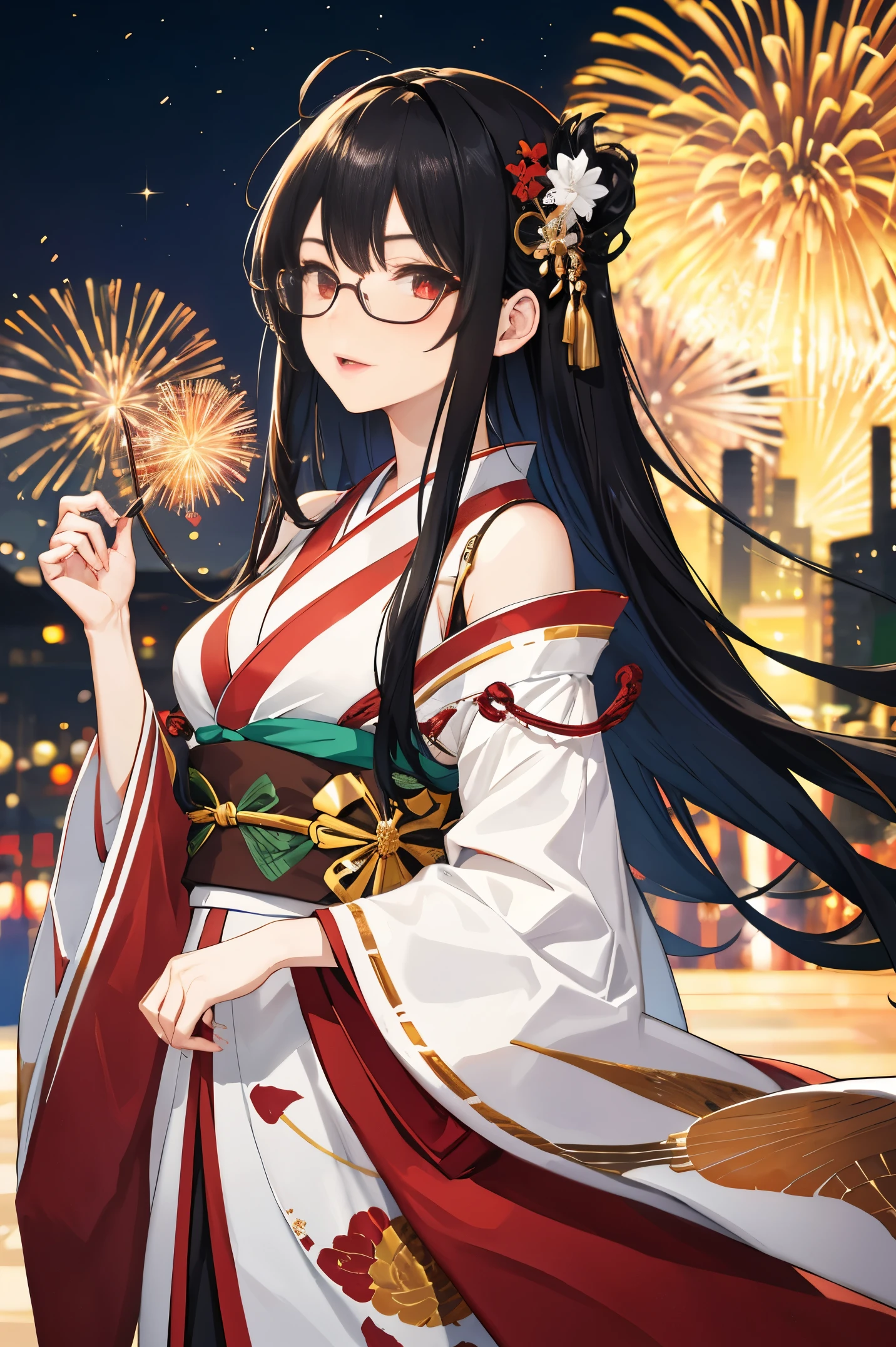 "anime girl, 1 person, black hair, shoulder length hair, red eyes, glasses, white horns, wearing kimono, kimono outfit, black kimono with red patterns, details, big breasts, long stockings, sinister smile  , small black wings on the back, solo, viewed from different directions, festival, New Year's Eve, New Year's Eve fireworks, watching fireworks (sharp image)"