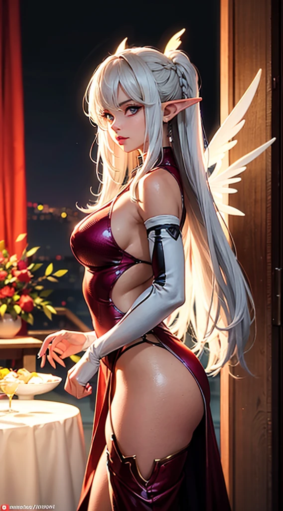 RAW, professional photograph, medium shot, photorealistic, realistic lights, realistic shadows, hyper-realistic, ray tracing, super detail, UHD, 8k, female elf, angel, large wings with white feathers, red queen dress, twenty years old, athletic body, soft facial features, long braided hair, viking hairstyle, straight hair, white hair, red eyes, suspended in the middle of the night sky