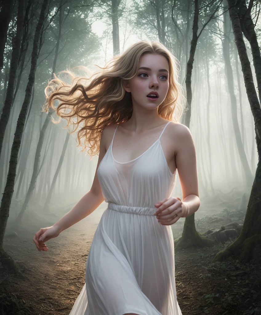 Masterpiece, a beautiful 18 years old girl, physical rendering photo of an 18 year old girll, curls, freckles, long dark blonde hair, wearing a long white transparent light dress, small breasts, light on body and face, slender body, thin face, dream, magical atmosphere, cinematic lighting, dark forest, mist, fantasy, action pose, running away in fear, running pose, lost, frightened face, afraid face, lost pose, scared face, CRU photo, 8k uhd, film grain, (half body shot:1.1)