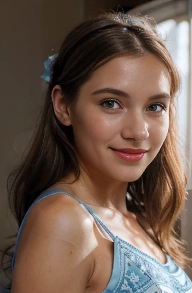 A close up of a woman with a blue top and a blue bow - SeaArt AI