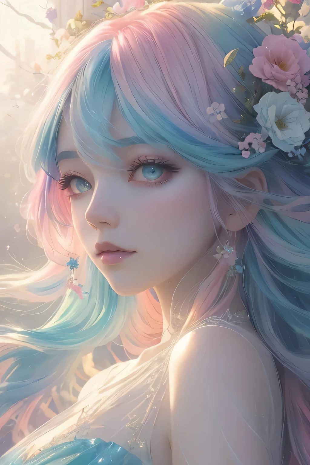 (High quality, 8K), (Soft light:1.2), (rainbow-colored hair、colourful hair、Half blue and half pink hair:1.2), Rainbow Color, One girl, Detailed face, Detailed eyes, watercolor paiting, very magical and dreamy, dreamy and detailed, dreamy ambianceとドラマ, Gorgeous atmosphere, Beautiful dreamy lighting, dreamy ambiance, Beautiful atmosphere, Dreamy Romantic, Ethereal dreamy theme, Magical atmosphere, Beautiful atmosphere, Anime Background Art, Magical atmosphere + masutepiece, dreamy aesthetic, Beautiful details with atmosphere, Many flowers, Flower Garden, landscape, palatial palace, full bodyesbian