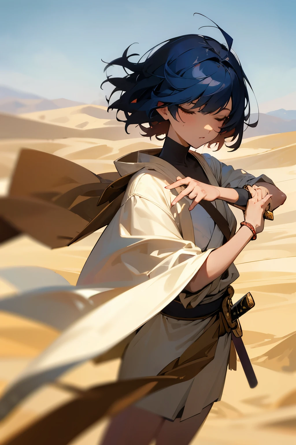 ((masterpiece)), (best quality), depth of field, sharp focus, (action shot), 1girl, (scars), strong, (Japanese sword), (flat chest), dark blue hair, short hair, messy hair, hair over eyes, hidden eyes, beige clothes, beige cloak, beige robe, bracelets, standing, serious, confident, (holding Japanese sword), (desert), lens flare, sunny, (oasis), hair over eyes