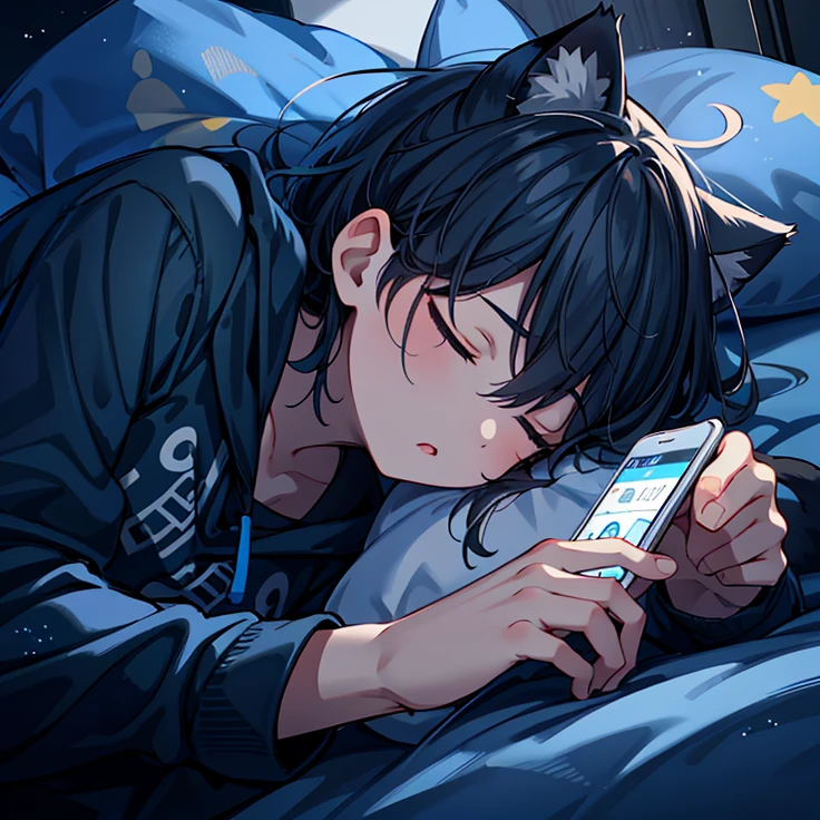 Anime boy, cat ears, sleep, close eyes, in bed with cell phone and cat in hand, 4k anime wallpaper, no extra fingers, hd anime wallaper, anime wallpaper 4k, anime wallpaper 4k, anime picture