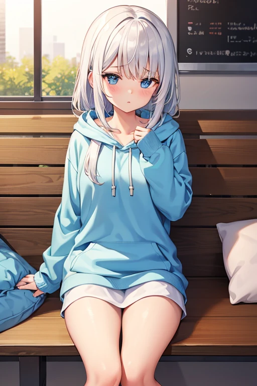 1girl, embrassed, blush, white hair, blue hoodie, sexy