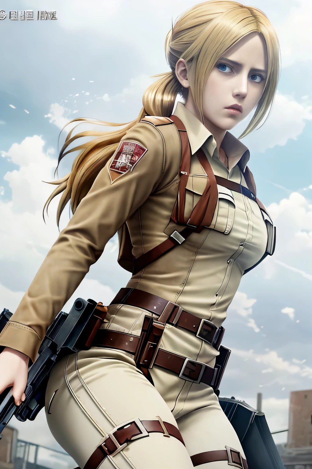 anime girl with a gun and a gun in her hand, annie leonhart, from attack on titan, in attack on titan, looking like annie leonhart, shingeki no kyojin, (attack on titans anime), attack on titans, attack on titan anime style, attack on titan, attack on titan covert art, key visual of attack on titan,Attack on Titan female character Historia,golden hair,Long golden hair,Combat attire,binh,metal light holder,golden hair,blue color eyes