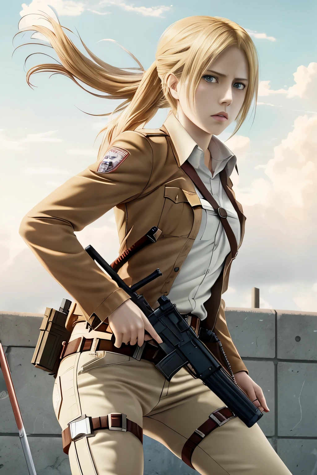 anime girl with a gun and a gun in her hand, annie leonhart, from attack on titan, in attack on titan, looking like annie leonhart, shingeki no kyojin, (attack on titans anime), attack on titans, attack on titan anime style, attack on titan, attack on titan covert art, key visual of attack on titan,Attack on Titan female character Historia,golden hair,Long golden hair,Combat attire,binh,metal light holder,golden hair,blue color eyes