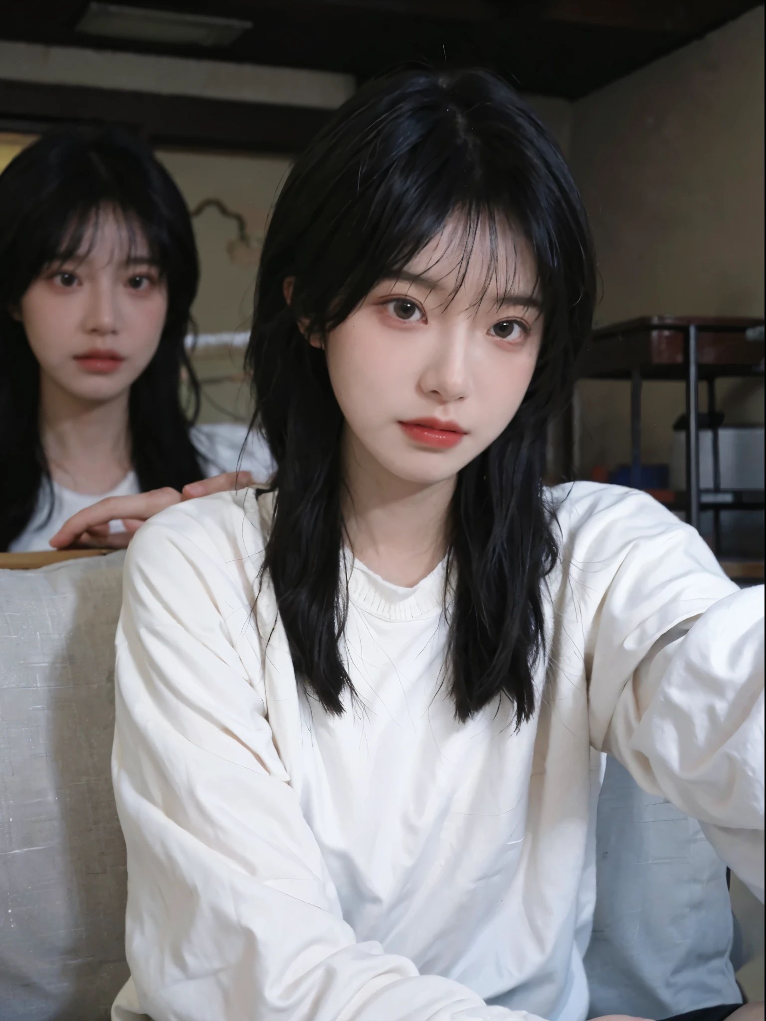 Best quality at best, 超高分辨率, white backgrounid,中景 the scene is,(realistically:1.4), girl,Sweaters, A pair of eyes as clear as snow,Imperial sister,Black long straight, looking at viewert, close up ,