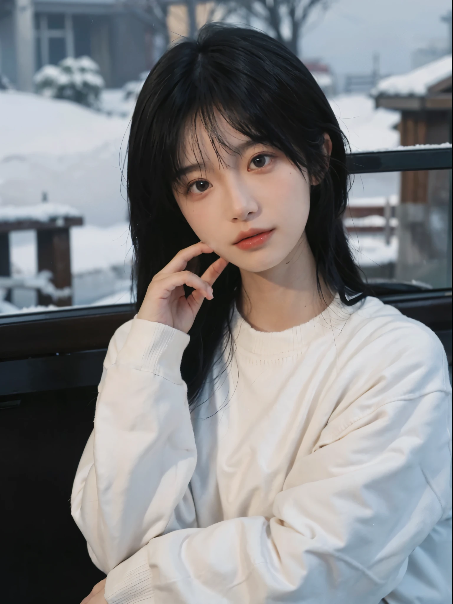 Best quality at best， 超高分辨率， white backgrounid，中景 the scene is，（realistically：1.4）， girl，Sweaters， A pair of eyes as clear as snow,Imperial sister，Black long straight， looking at viewert， close up ，