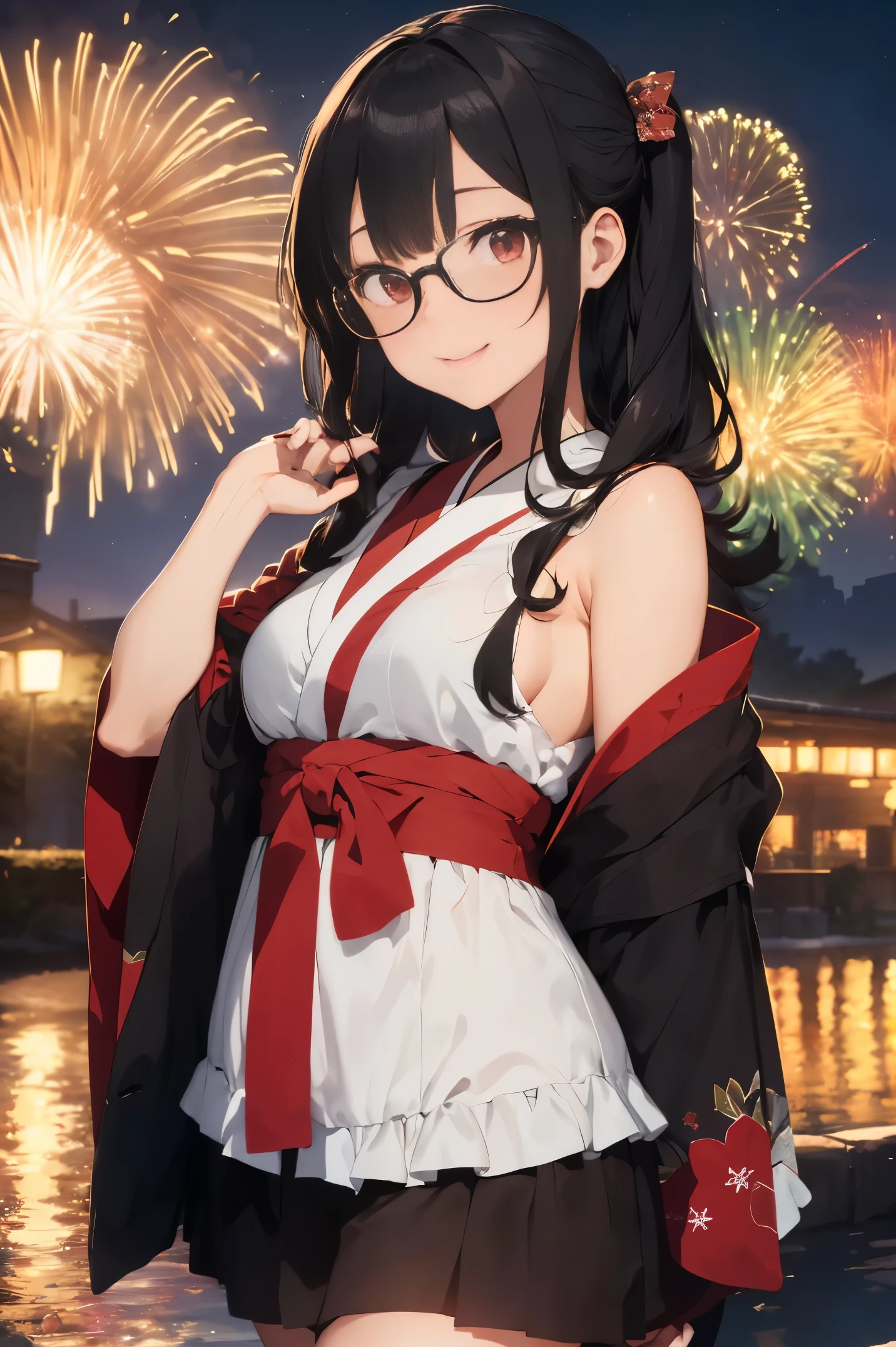 "anime girl, 1 person, black hair, shoulder length hair, red eyes, glasses, white horns, wearing kimono, kimono outfit, black kimono with red patterns, details, big breasts, long stockings, sinister smile , small black wings on the back, solo, viewed from different directions, festival, New Year's Eve, New Year's Eve fireworks, watching fireworks (sharp image)"
