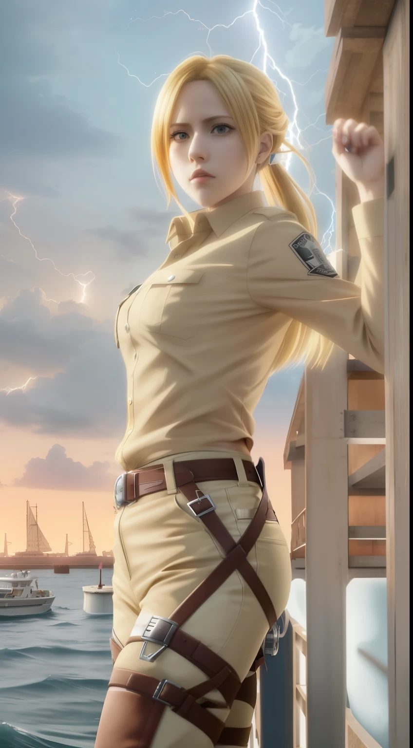 anime - style image of a man riding a boat with a lightning bolt, from attack on titan, annie leonhart in a neon city, annie leonhart, in attack on titan, attack on titan anime style, looking like annie leonhart, inspired by Armin Baumgarten, inspired by Armin Hansen, epic anime style, (attack on titans anime),Attack on Titan female character Historia,golden hair,Long golden hair,Combat attire,binh,metal light holder,golden hair,blue color eyes