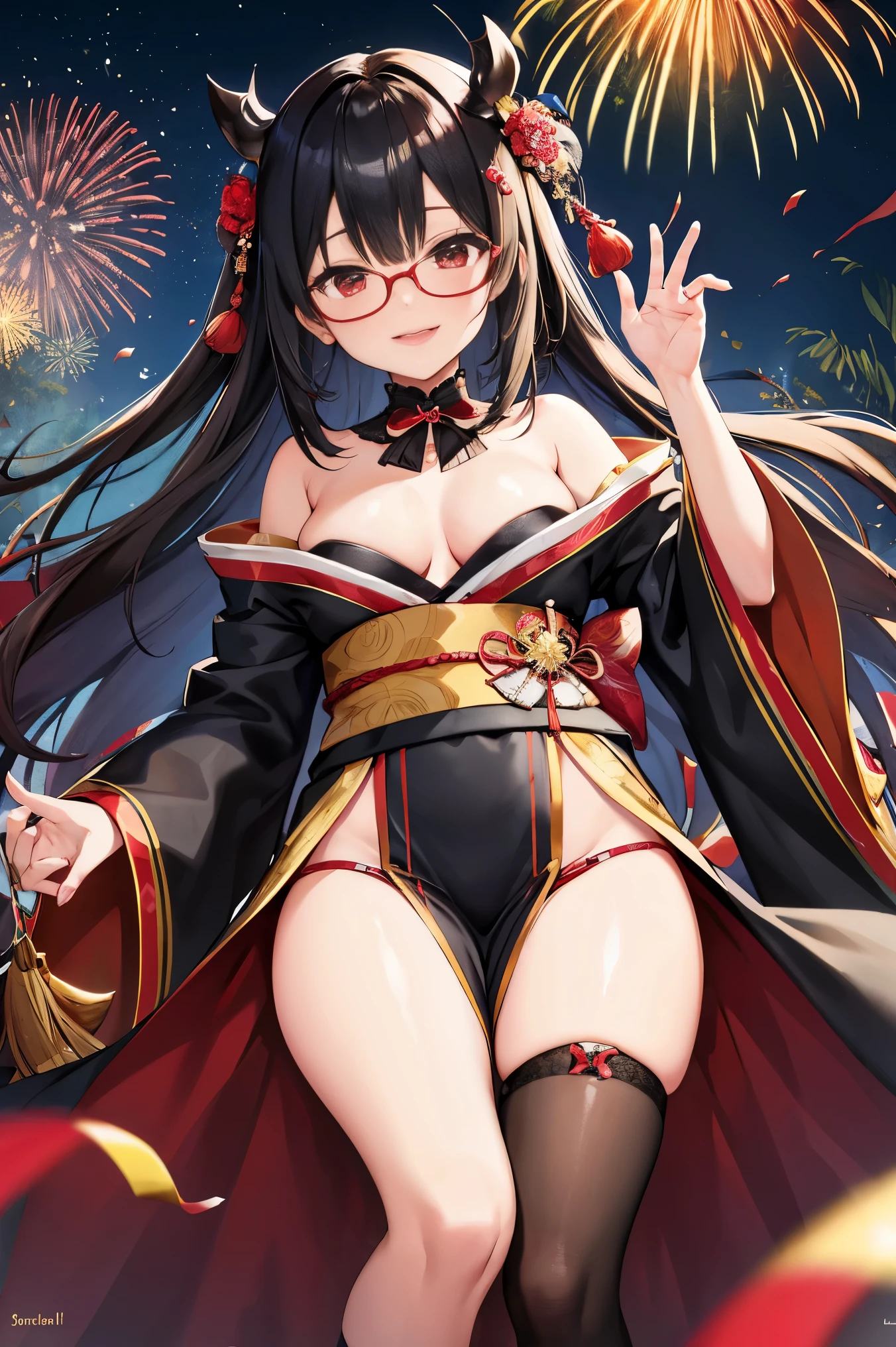 "anime girl, 1 person, black hair, shoulder length hair, red eyes, glasses, white horns, wearing kimono, kimono outfit, black kimono with red patterns, details, big breasts, long stockings, sinister smile , small black wings on the back, solo, viewed from different directions, festival, New Year's Eve, New Year's Eve fireworks, watching fireworks (sharp image)"