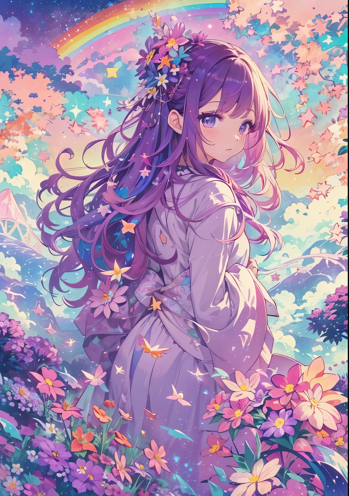 A girl with long purple hair and a flower crown in a field of flowers ...