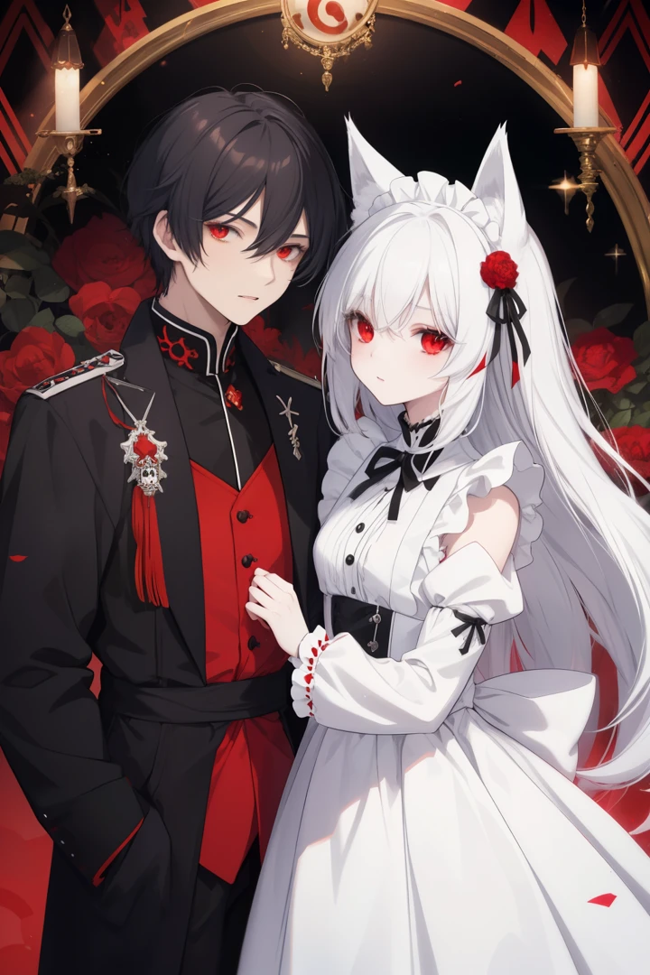 Fiction cover, fox girl(White Hair,White fox ears,Red Eyes,maid outfit) with a young man(Black Hair,Red Eyes,Black Knight Costume) ,Let&#39;s look at each other.&#39;Eye s