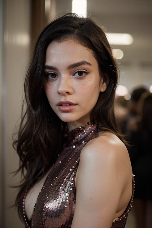 ((best quality)), ((masterpiece)), (detailed), perfect face realistic photo of beautiful woman with long dark brown hair, Russian, influencer, light freckles, dark brown eyes, big lips, no makeup, instagram, in a red dress posing for a picture, inspired by Gabriel Ba, tumblr, sequins, with shoulder pads, sleek!!!, glitter gif, breath taking beautiful, low cut dress, high fashion, great pinterest photo