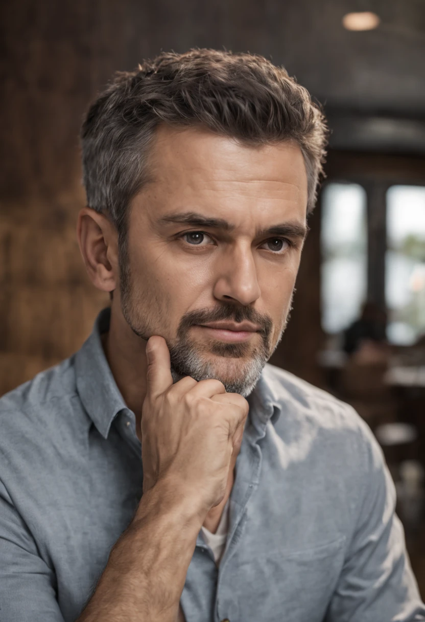 Foto de perfil triste, Ultra-accurate rendering, HOMEM, 30 ANOS, CAMISA SOCIAL CINZA, Hand on face , DENTRO DA CAFETERIA, AMBINTE ESCURO, TRISTEZA, master part, Ultra-accurate rendering, (8K, melhor qualidade: 1.2), (obra-prima: 1.37), (foto, fotorrealista: 1.37), (ultra-highresolution),(alta nitidez ), olhar PARA baixo, Obra-prima, melhor qualidade, (foto altamente detalhada: 1.1)
