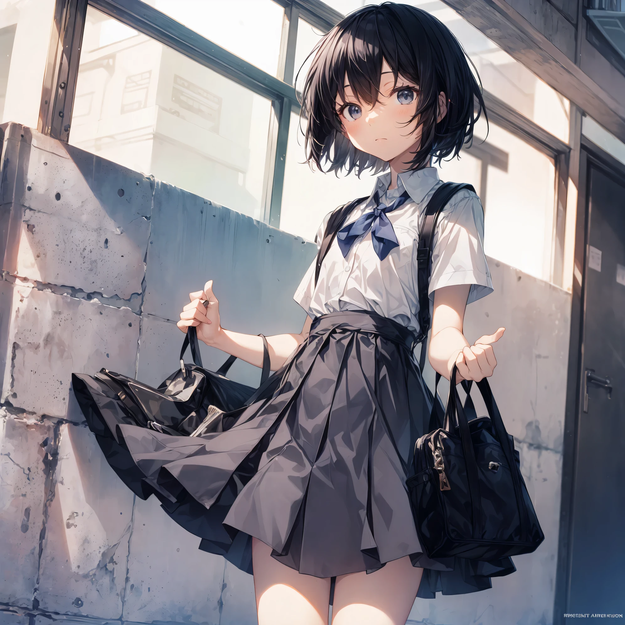 Super high quality by the art god, Ultra-detailed, High resolution, Shinkai Makoto style, anime moe art style, best anime 8K konachan wallpaper, Pixiv Contest Winner, Perfect Anatomy, BREAK,(Please draw a sleepy girl going to school alone.. ),BREAK, a hyperrealistic schoolgirl, (Solo,Lori,child,13years:1.3),Full limbs, complete fingers,a junior high school student, Androgynous attraction, (extra very short hair), hair messy, flat chest, Small butt, groin, Small eyes,Beautiful detailed black eyes, Well-proportioned iris and pupils, disgusted eye, High resolution detailed hair, School uniform, Skirt,  On the way to school. BREAK,Ultra-detailed細なスキン, Best lighting by famous artists, 8K, Illustration,