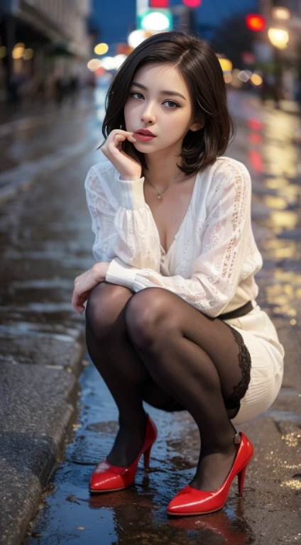 Masterpiece, Best Quality, Extremely detailed, Cinematic Lightning, intriciate detail, high resolucion, Official Art, Beautiful face and eyes with delicate details, high resolucion 그림, 8K, Bokeh, Solo, 1Girl, girl with red eyes,Black short hair, Beautiful red eyes, beautiful scenery, Rainy city, s whole body, looking up at viewer,Pantyhose,(((Pretty shoes)))