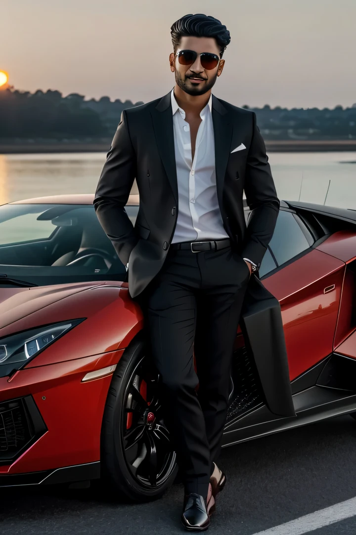 (best quality,4k,8k,highres,masterpiece:1.2),ultra-detailed,(realistic,photorealistic,photo-realistic:1.37),indian boy 21 years old,posing in front of lamborgini aventador,stunning black glossy paint,clean and sleek design,shiny chrome accents,gorgeous butterfly doors,dynamic lines and curves,exquisite interior craftsmanship,ergonomic leather seats,modern and elegant dashboard,high-tech digital displays,powerful and roaring engine,scintillating performance,crisp and clear headlights,sparkling LED taillights,glowing red brake calipers,flawless reflection of surroundings,mesmerizing sunset illuminating the scene,soft warm light casting long shadows,sensational mix of vibrant colors,indian cultural motifs artistically integrated,expressive eyes radiating confidence,charming smile showing sincerity and joy,impeccable styling and grooming,stylish and sophisticated clothing,fashionable sunglasses and trendy accessories,fierce and confident pose,showcasing the beauty of the car,expressing the boy's passion and aspirations,creating an atmosphere of luxury and success,artistic perspective capturing the moment,blending realism with creativity,immersive visual experience,stunning artwork that captivates the viewer's attention.