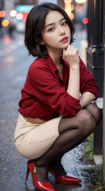 Masterpiece, Best Quality, Extremely detailed, Cinematic Lightning, intriciate detail, high resolucion, Official Art, Beautiful face and eyes with delicate details, high resolucion 그림, 8K, Bokeh, Solo, 1Girl, girl with red eyes,black short hair, Beautiful red eyes, beautiful scenery, Rainy city, s whole body, looking up at viewer,Pantyhose,(((Pretty shoes)))