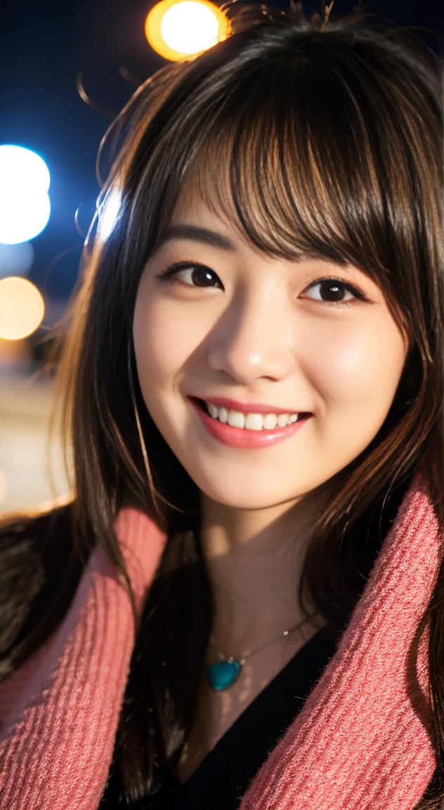 matured female , best quality, hires, detailed face , smile , breast , chest, night view , cute , beautiful , winter