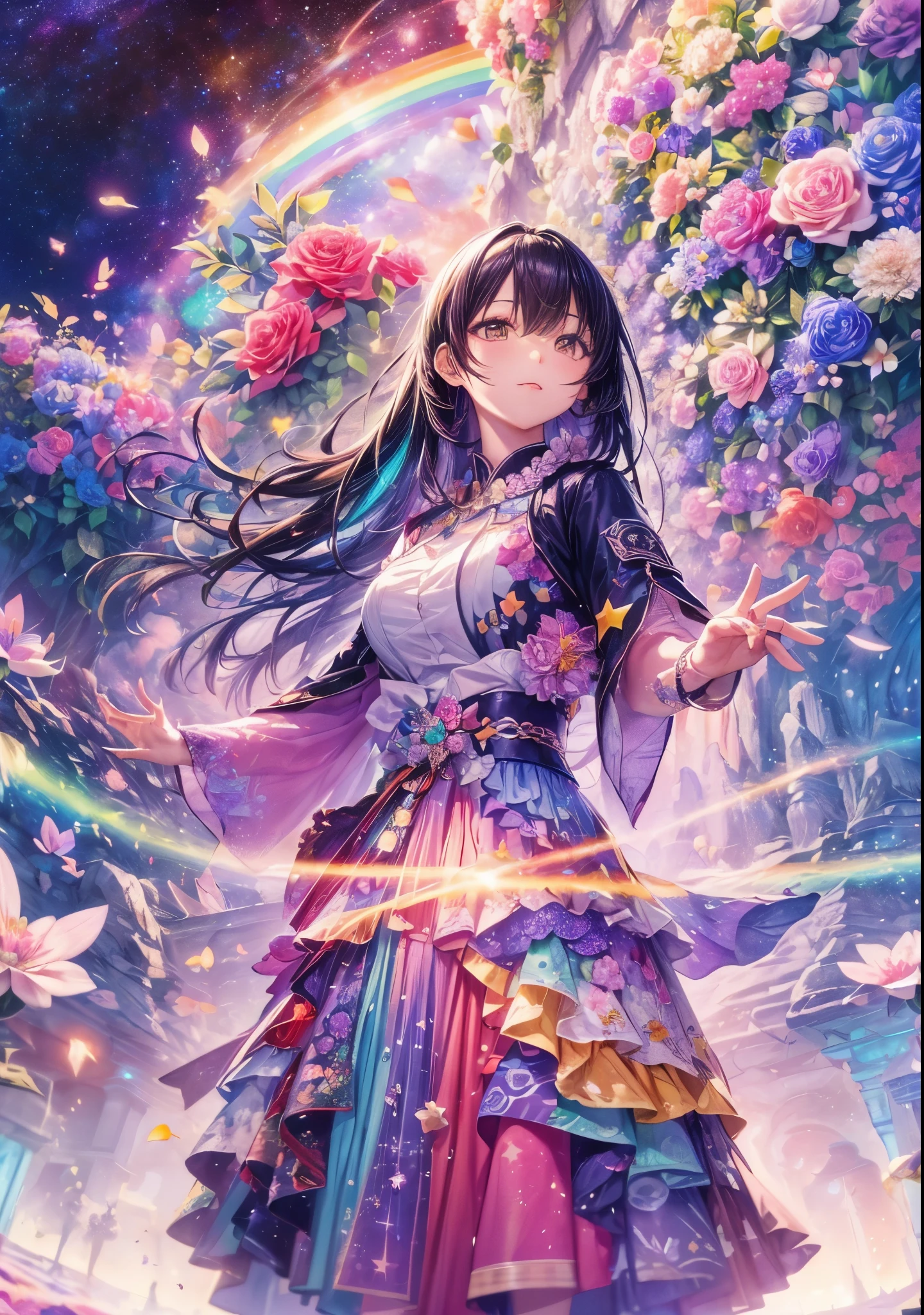 Melody Mark,top-quality、masutepiece、1womanl、独奏、(abstract  art:1.4),(Psychedelia Theme:1.6),(Gunjo World:1.5),Large bouquet,(Lots of creatures:1.5),(Space world:1.5),(At the center of the world is the most beautiful woman in the world),(many stars are falling:1.5),A ray of light spreads,Crystals spreading from the center,prisma(Nostalgic landscapes:1.5),(colorful flower:1.5),Wide Landscape Photography, (viewed from below, the sky with rainbow is above, The open field is below), colorful flower畑に座って見上げるアニメの女の子, (fullmoon: 1.2), (rainbow clouds: 0.9), (rainbow: 1.3), mountain in the distance , shooting stars,  Craft Art, (Warm light: 1.2), (firefly: 1.2), A light, lot of purple and orange, Intricate details, Colorful palette,Volumetric Lighting BREAK (masutepiece: 1.2), (Best Quality), 4K, ultra-detailliert, (dynamic compositions: 1.4), Rich details and colors, (rainbowカラー: 1.2), (Glow, Atmospheric lighting), Dreamy, Magical, (独奏で: 1.2),