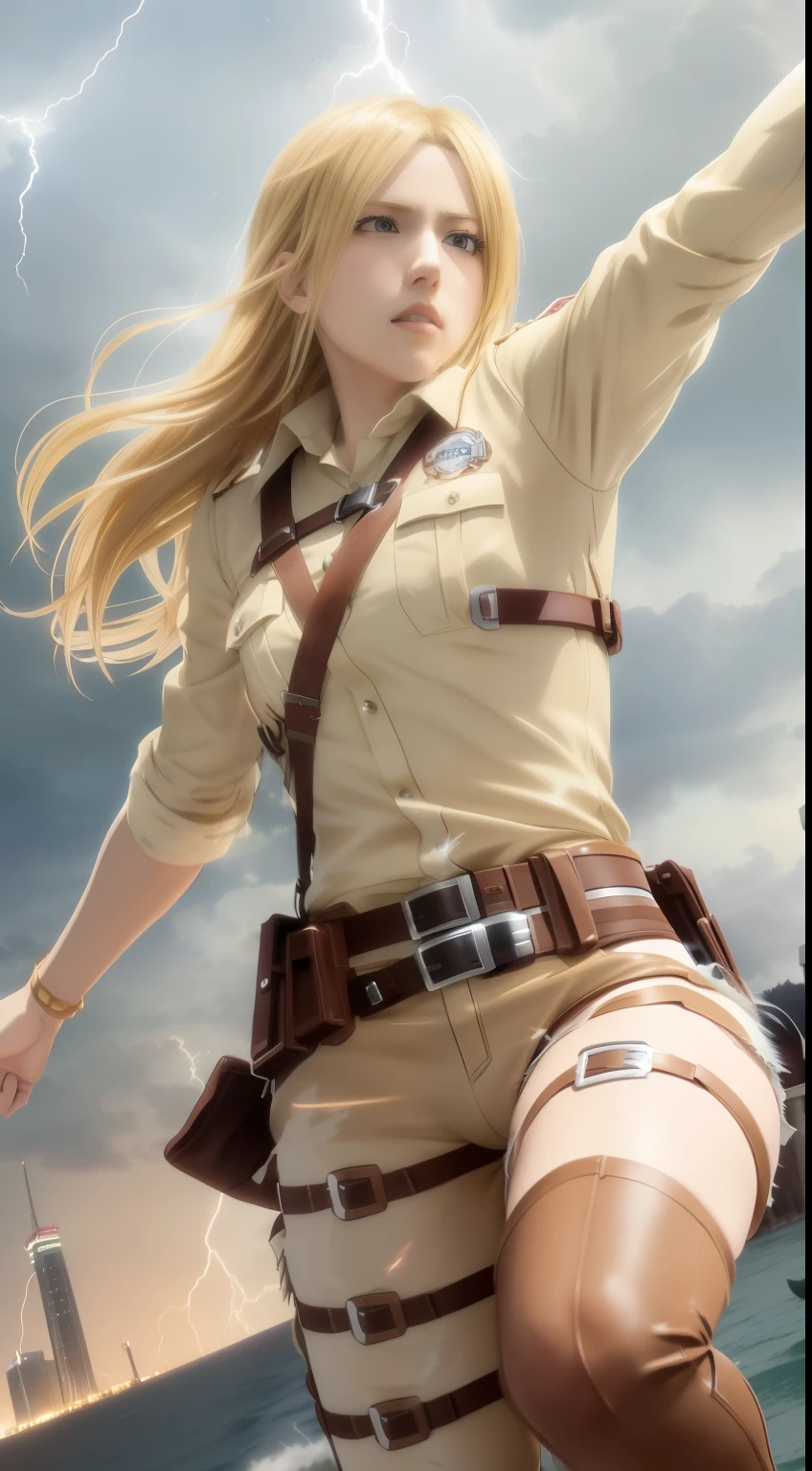 anime - style image of a man riding a boat with a lightning bolt, from attack on titan, annie leonhart in a neon city, annie leonhart, in attack on titan, attack on titan anime style, looking like annie leonhart, inspired by Armin Baumgarten, inspired by Armin Hansen, epic anime style, (attack on titans anime)，Attack on Titan female character Historia，golden hair，Long golden hair，Combat attire，binh，metal light holder，golden hair，blue color eyes