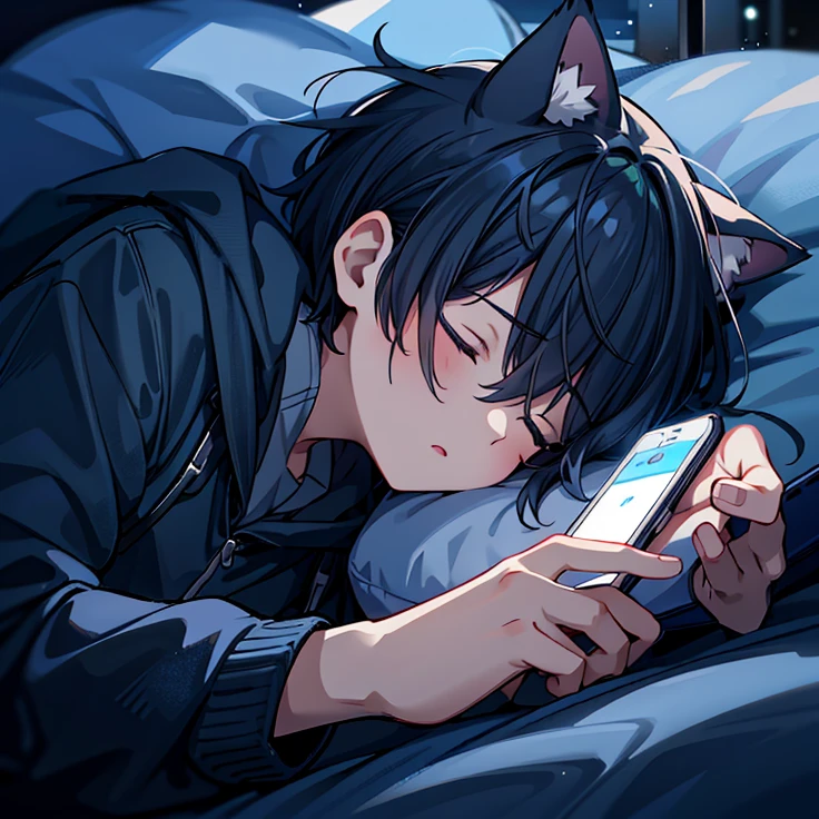 Anime boy, short hair, cat ears, sleep, close eyes, in bed with cell phone and cat in hand, 4k anime wallpaper, hd anime wallaper, anime wallpaper 4k, anime wallpaper 4k, anime picture