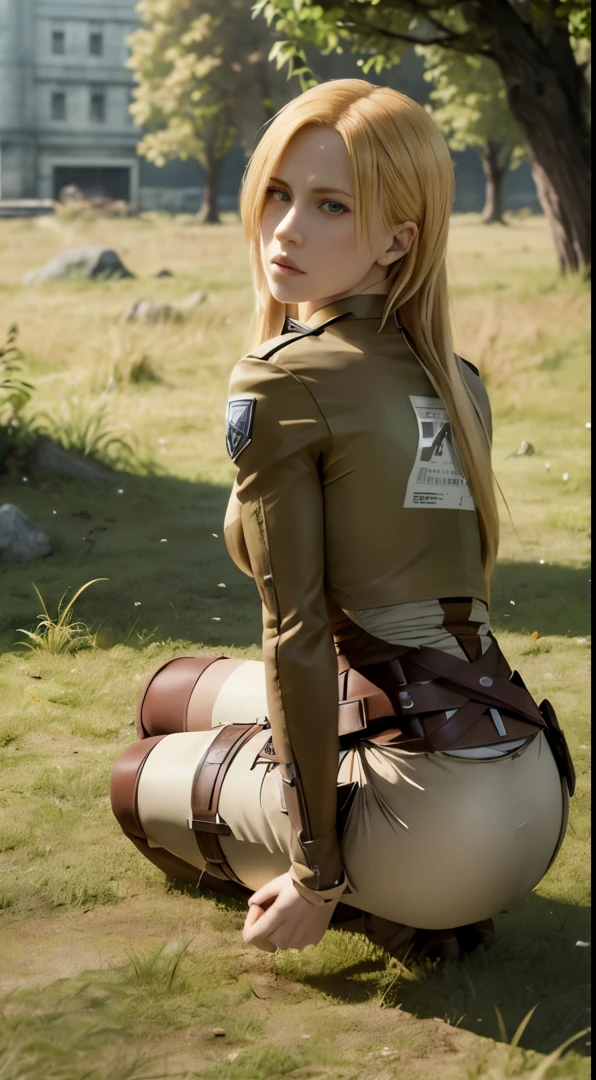 a woman sitting in the grass in front of a forest, annie leonhart, looking like annie leonhart, from attack on titan, in attack on titan, (attack on titans anime), shingeki no kyojin, the anime girl is crouching, annie leonhart in a neon city, female protagonist 👀 :8, ❤🔥🍄🌪,Attack on Titan female character Historia,golden hair,Long golden hair,Combat attire,binh,metal light holder,golden hair,blue color eyes