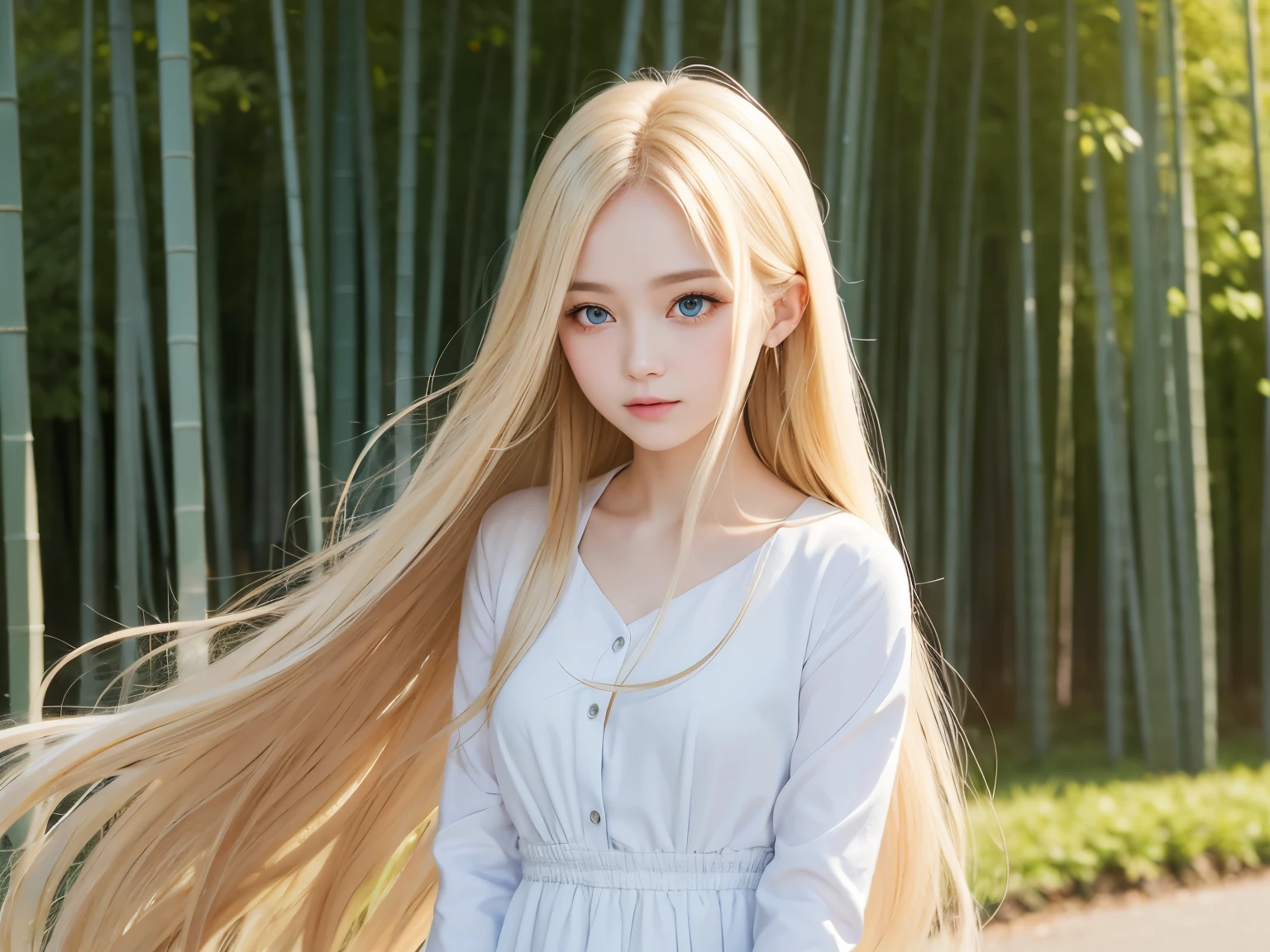 Beautiful cute face girl、Very beautiful blonde hair、Super long silky straight hair fluttering in the wind、Beautiful long bamboo hair waving in front of your face、Round face、Shining light blue eyeig eye、Double eyelids、eye liner、Pure white beautiful skin、The luster of young cheeks、Expression in love