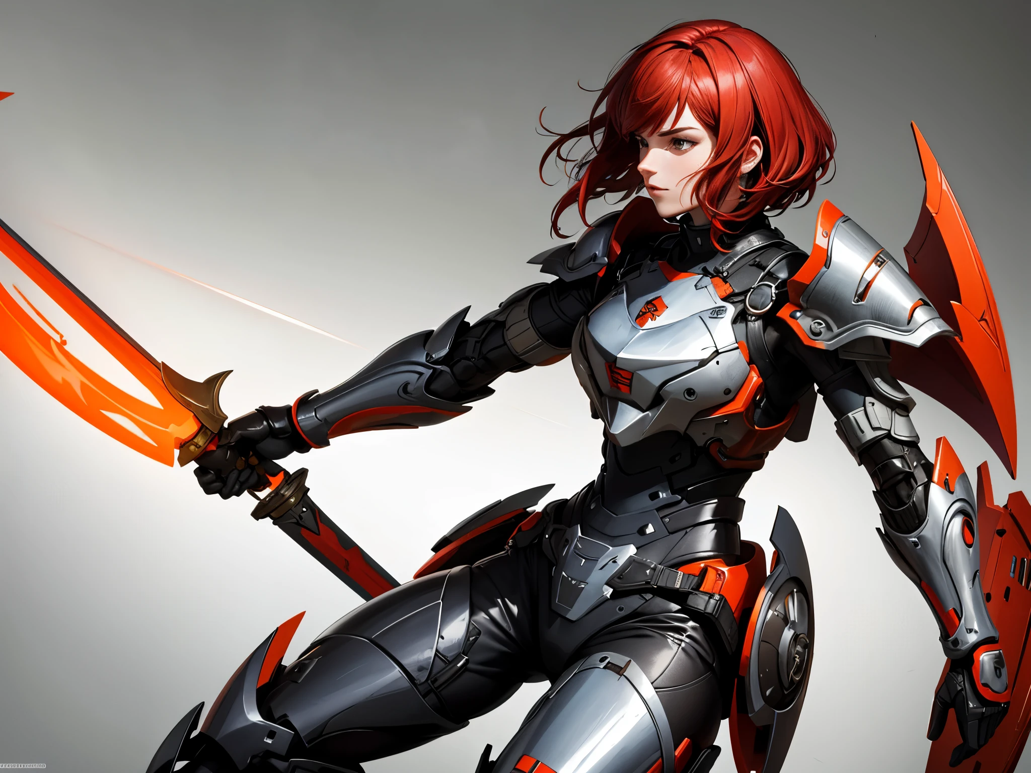 Wallpaper, of a woman, with short red hair, dressed in armor, and with a sword, very detailed, body covered in armor, spring effect, lens effect, with 16k quality and background with black, gray colors , orange and red