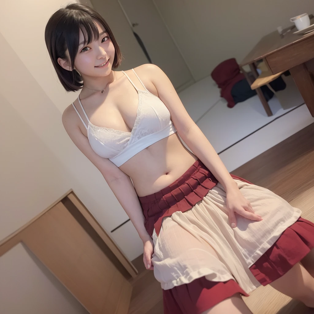 1girl in, 21years old, Mikasa, gradient, gradient_Background, up looking_で_viewer, Nero_hair, Solo by JM, Yoshiko Akishino, traditional Japanese room, skirt by the, A smile, barechested、nudde