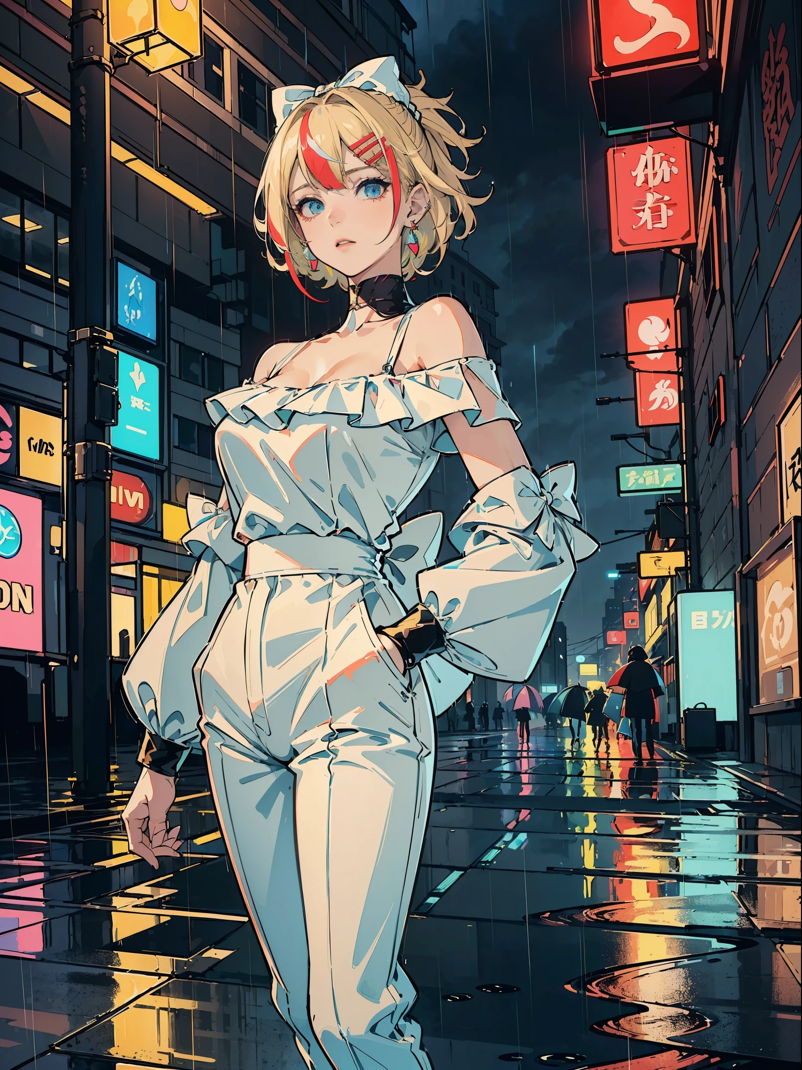 ((((reflected floor,color pencil drawing ,))))((hands in pockets,))(Masterpiece illustration,Beautiful and aesthetic:1.2,aim to viewerest quality,Top quality, Epic quality,((((rainy night in a cyberpunk city with glowing neon lights,outdoor,))))(moonlight,moon glare, god light,at night,upper upper shot,focus on face,))Neat face,underage,mature,Beautiful detailed hair,blonde hair,hyper HD, retinas, Textured skin, A high resolution, 16k ,((hairclip,steep bangs,sidelocks,short hair,Large bow on hair)),Detailed face, 1JK, lady,Solo, Perfect face, Very amazing girl,((off shoulder,puffs sleeves,red streaked white trace suit,top coat,metal earrings,spiral earrings)),rim-light