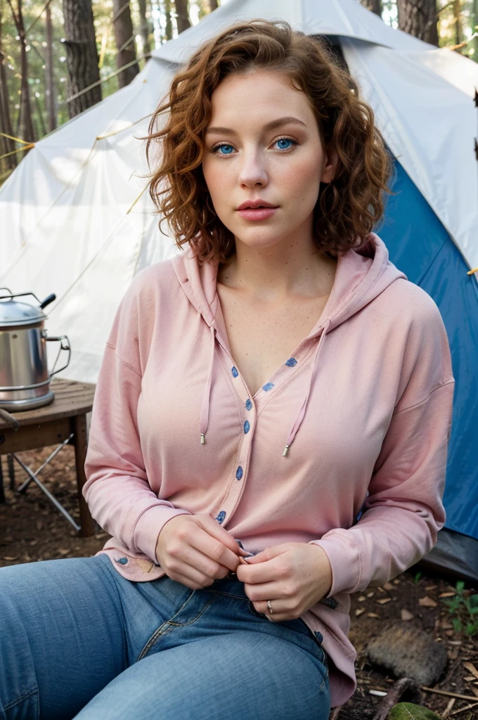 stream, bucket, dog, magnificent young woman with blue eyes, this woman has short and curly hair, luscious lips and is in the woods, she is wearing a green boho hoody and shorts