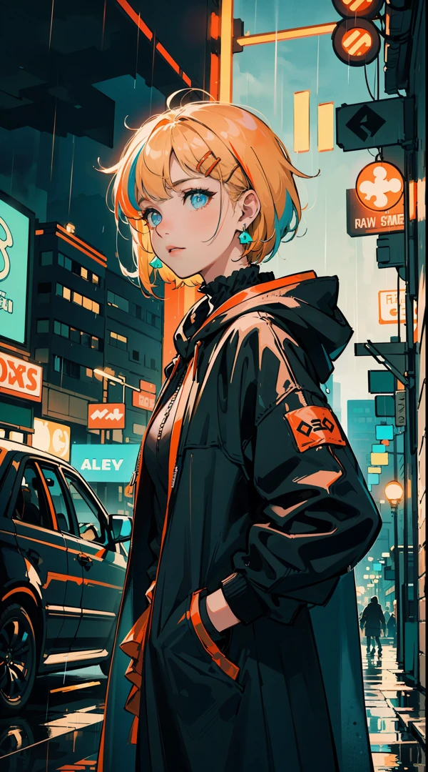 ((((frills,large black hoodie cover eyes，heavy rain,))))((hands in pockets,))(Masterpiece illustration,Beautiful and aesthetic:1.2,aim to viewerest quality,Top quality, Epic quality,((((valley,heavy rainy night in a cyberpunk city with glowing neon lights,outdoor,))))(moonlight,moon glare, god light,at night,upper upper shot,focus on face,))Neat face,underage,mature,Beautiful detailed hair，blonde hair，hyper HD, retinas, Textured skin, A high resolution, 16k ，((hairclip,steep bangs,sidelocks,short hair,bow on hair)),Detailed face, 1JK, lady,Solo, Perfect face, Very amazing girl,((,puffs sleeves,orange streaked black coat,large cloak,metal earrings,spiral earrings)),rim-light