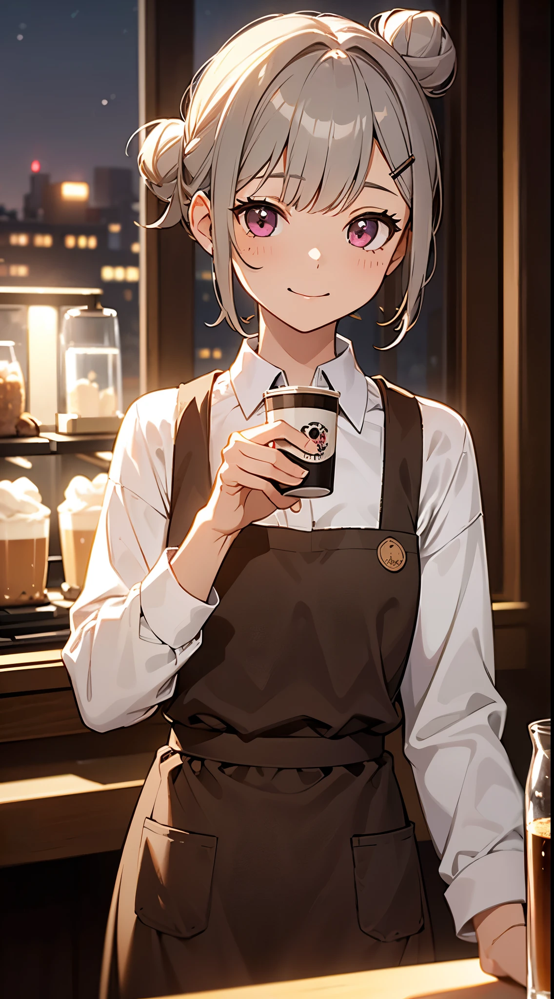 (masutepiece), Best Quality, Girl working in a coffee shop, brew coffee with a coffee machine, Perfect face, Expressive eyes, Brown Apron, Coffee shop seen from the inside, Short hairstyle with silver hair and bob, Hair tied in a bun with a hair clip, Pink eyes, Cut girl s、A smile、Laugh, Cozy, (Night), Realistic, 4K, Flowers in a vase, Perfect Lighting, Traced light, Warm colors, Table chairs, Everyday life, Modern, Elegant, (relax vibe), White shirt, barista, Soft, humble,Delicate, Gentle, Night, Contrasty, Vivid colors, Bokeh, (The perfect coffee machine), state, (Soft), she drinks coffee and takes a break, There is a table with a cup on the left hand, There is a coffee machine on the table, Steam is coming out of the cup, Delicious coffee