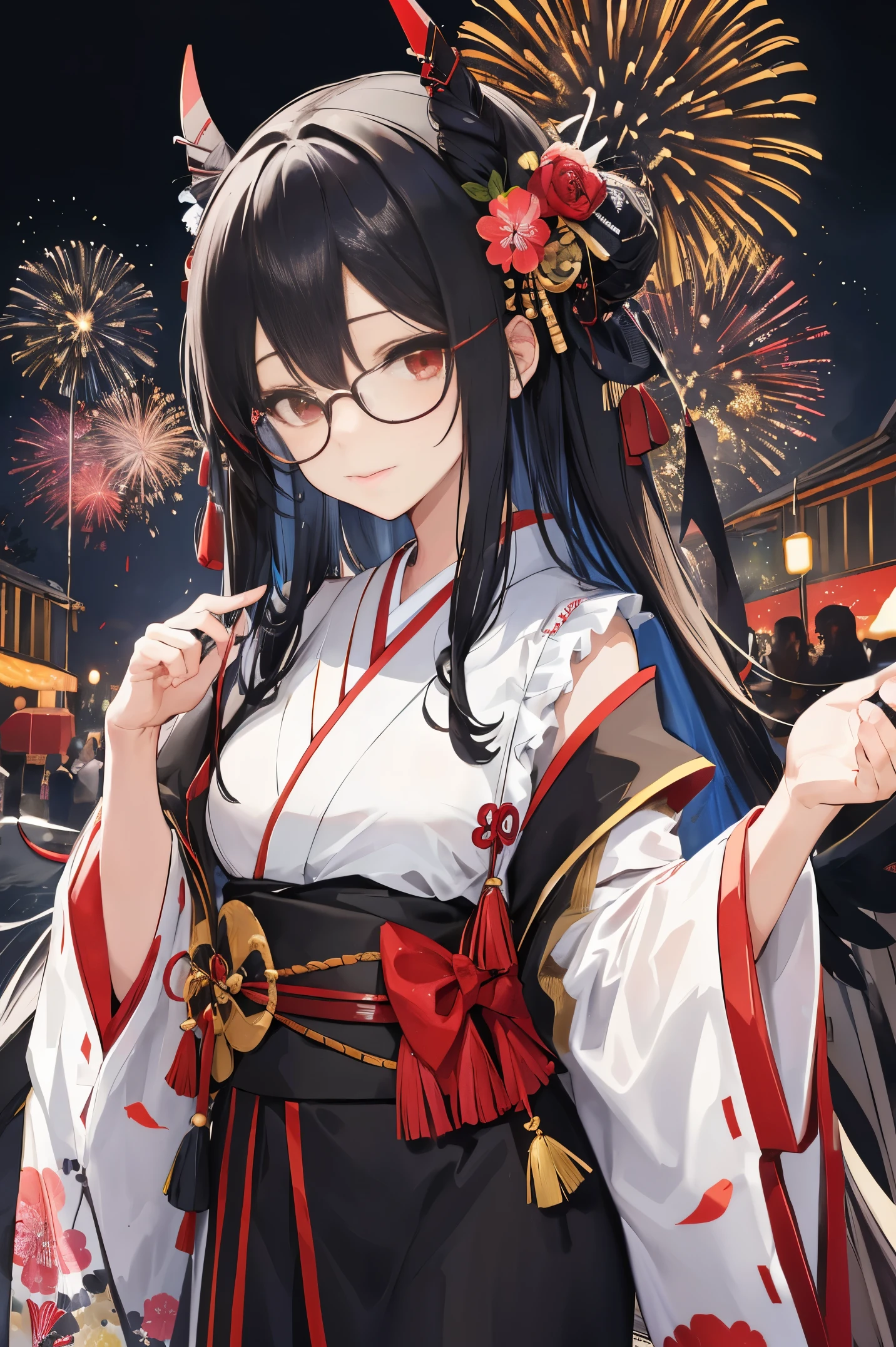 "anime girl, 1 person, black hair, shoulder length hair, red eyes, glasses, white horns, wearing kimono, kimono outfit, black kimono with red patterns, details, big breasts, long stockings, sinister smile , small black wings on the back, solo, viewed from different directions, festival, New Year's Eve, New Year's Eve fireworks, watching fireworks (sharp image)"