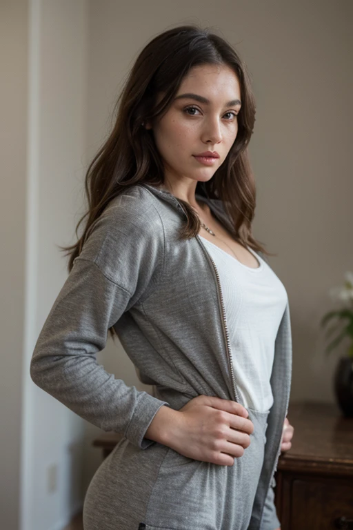 ((best quality)), ((masterpiece)), (detailed), perfect face realistic photo of beautiful woman with long dark brown hair, Russian, influencer, light freckles, dark brown eyes, big lips, no makeup, instagram, next to black wall, wearing a shirt and yoga pants, inspired by Esaias Boursse, instagram, dau-al-set, grey sweater, prison jumpsuit, hourglass figure, keyhole, zippers, 💣 💥, female outfit, tracksuit, opened dress, front shot, cozy vibe, normal clothes, middle close up shot, close angle