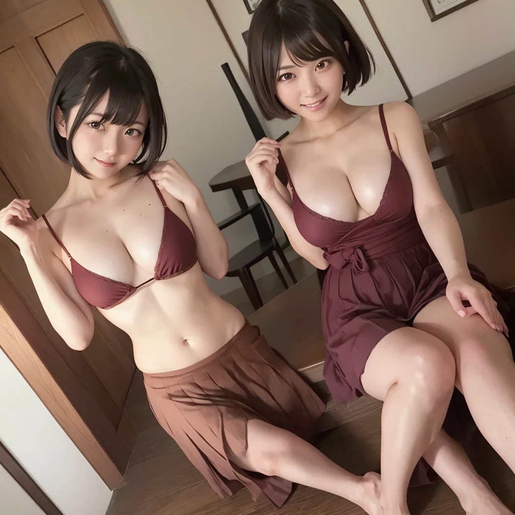 8K, masterpiece, top-quality, hight resolution, 1girl in, 21years old, Mikasa, gradient, gradient_Background, up looking_で_viewer, Nero_hair, Solo by JM, Yoshiko Akishino, traditional Japanese room, skirt by the, A smile, barechested、nudde