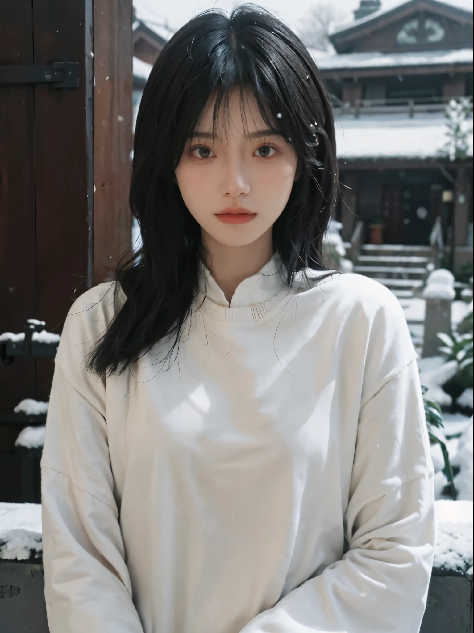 Best quality at best, 超高分辨率, white backgrounid,中景 the scene is,(realistically:1.4), girl,gray sweaters, slim toned body,A pair of eyes as clear as snow,Imperial sister,Black long straight, looking at viewert, close up ,