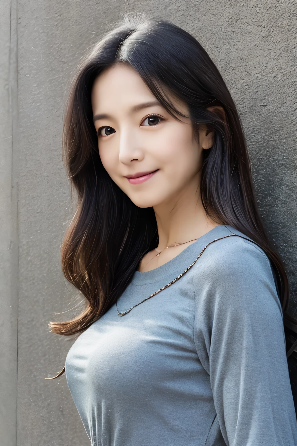 8K、hightquality、Realistic photo、40 years old、A Japanese skinny Lady、Reproduce natural and realistic eyes、small tits、thin waist, Beautiful black hair、(straight haired)、light make-up、beautiful lighting、A smile、Everyday clothes、dressed casually、high-level image quality、Realistic photo images