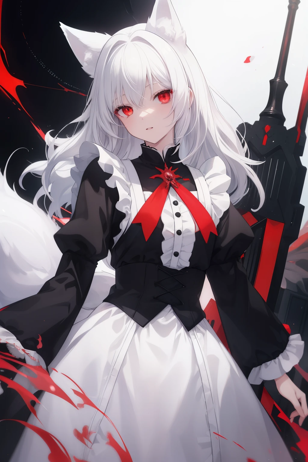 Fiction cover, fox girl(White Hair,White fox ears,Red Eyes,maid outfit) with a young man(Black Hair,Red Eyes,Black Knight Costume) ,ชายหนุ่มกำลังกอดfox girl