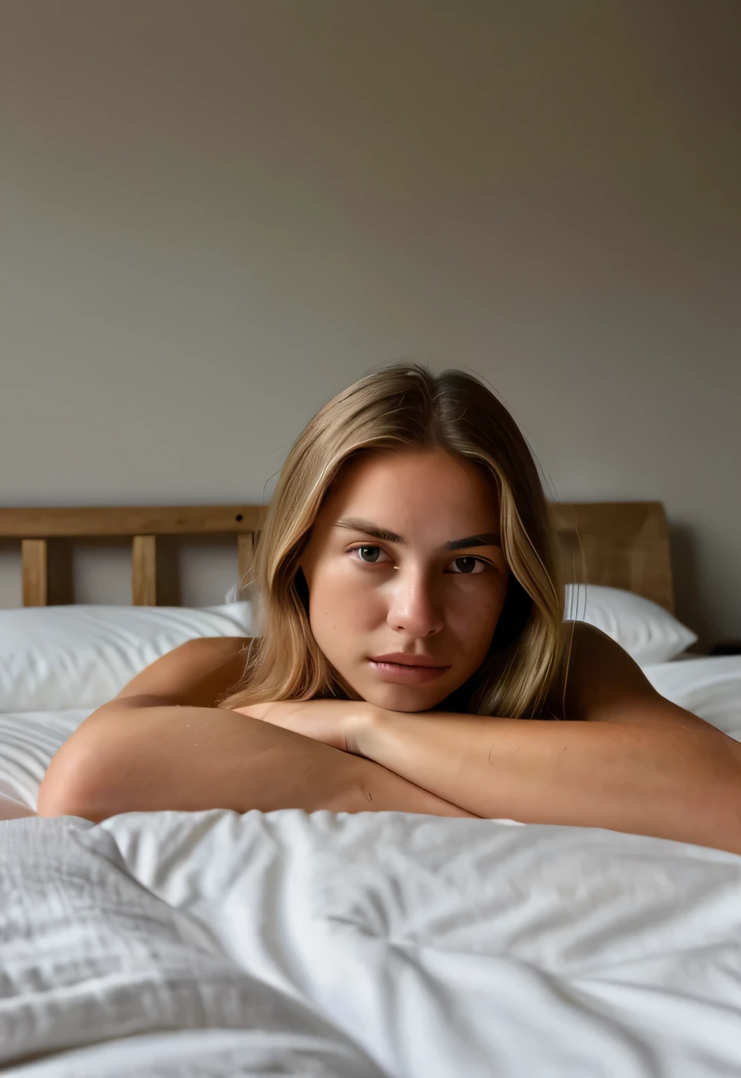 (.RAW-Foto), DSLR,f/1.2, A young woman wears a bridgeless bra ,im Bett,Nettop,(blondes Haar),Lange Haare ,(Echte Haut:1.1), ((tan skin)), (Detaillierter Skin), Atemberaubend, naughty breasts , (Verschlusszeit 1/50), niedriger ISO-Wert, .RAW, analog, Depth of field, 50mm f/1.2 S-Objektiv, full entire body, Blick in die Kamera, sexy, seductive, Intensiver Blick, Sichtbares Gesicht , Natalee,Mitternacht, Mangelhaftigkeiten, Realistischer Hintergrund, Detaillierter Hintergrund