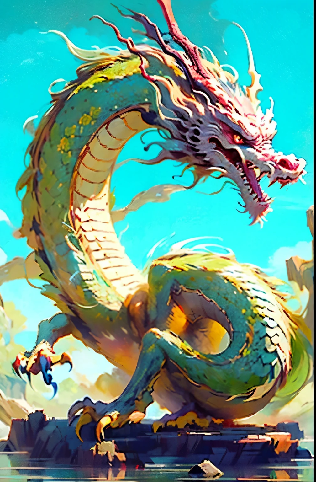 best qualtiy, tmasterpiece, 超A high resolution, naked alien, (long to: 1.2), Skysky, red eyes, 云, scout, dark eastern dragon, with her mouth open, Dentes Pontiagudry, banya, 牙, daysies, pawan with claws, chinese dragon in the blue sky、grope、mountain water、scout、honorable、strength、plateau、Traditional pattern、